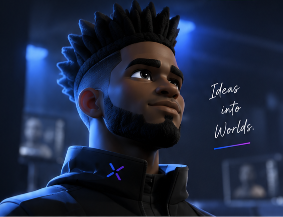 A stylised 3D character illuminated in blue