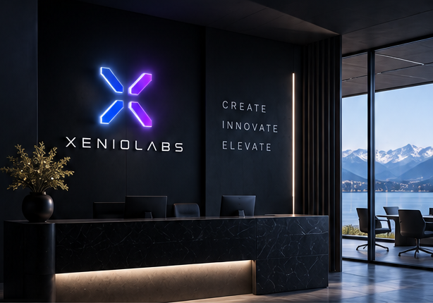 XENIOLABS studio reception overlooking a lake and mountains