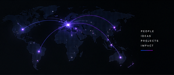 A glowing world map with connections radiating from Europe to locations worldwide.