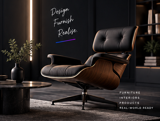 Black leather and walnut lounge chair in a contemporary interior